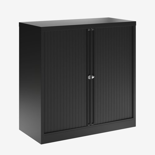 Essential Two Door Tambour Unit Supplied empty 1000mmHx1000mmWx470mmD in Black carcass and black shutter 