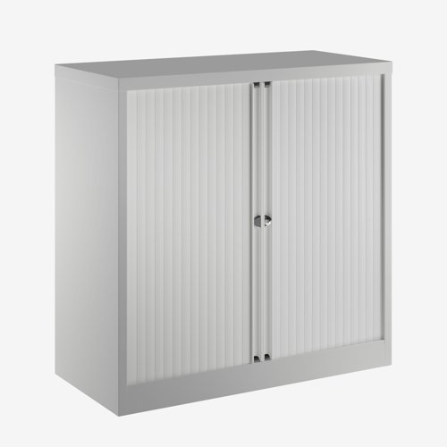 Essential Two Door Tambour Unit Supplied empty 1000mmHx1000mmWx470mmD in Goose grey carcass and light grey shutter 