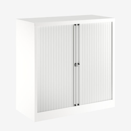 Essential Two Door Tambour Unit Supplied empty 1000mmHx1000mmWx470mmD in Traffic white Carcass and Extra White Shutter