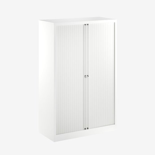 Essential Two Door Tambour Unit Supplied empty 1570mmHx1000mmWx470mmD in Traffic white Carcass and Extra White Shutter