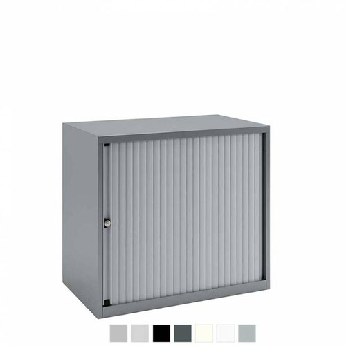 Essential Desk High One Door Tambour Unit Supplied with one adjustable shelf 693mmHx800mmWx470mmD in Goose grey carcass and light grey shutter 
