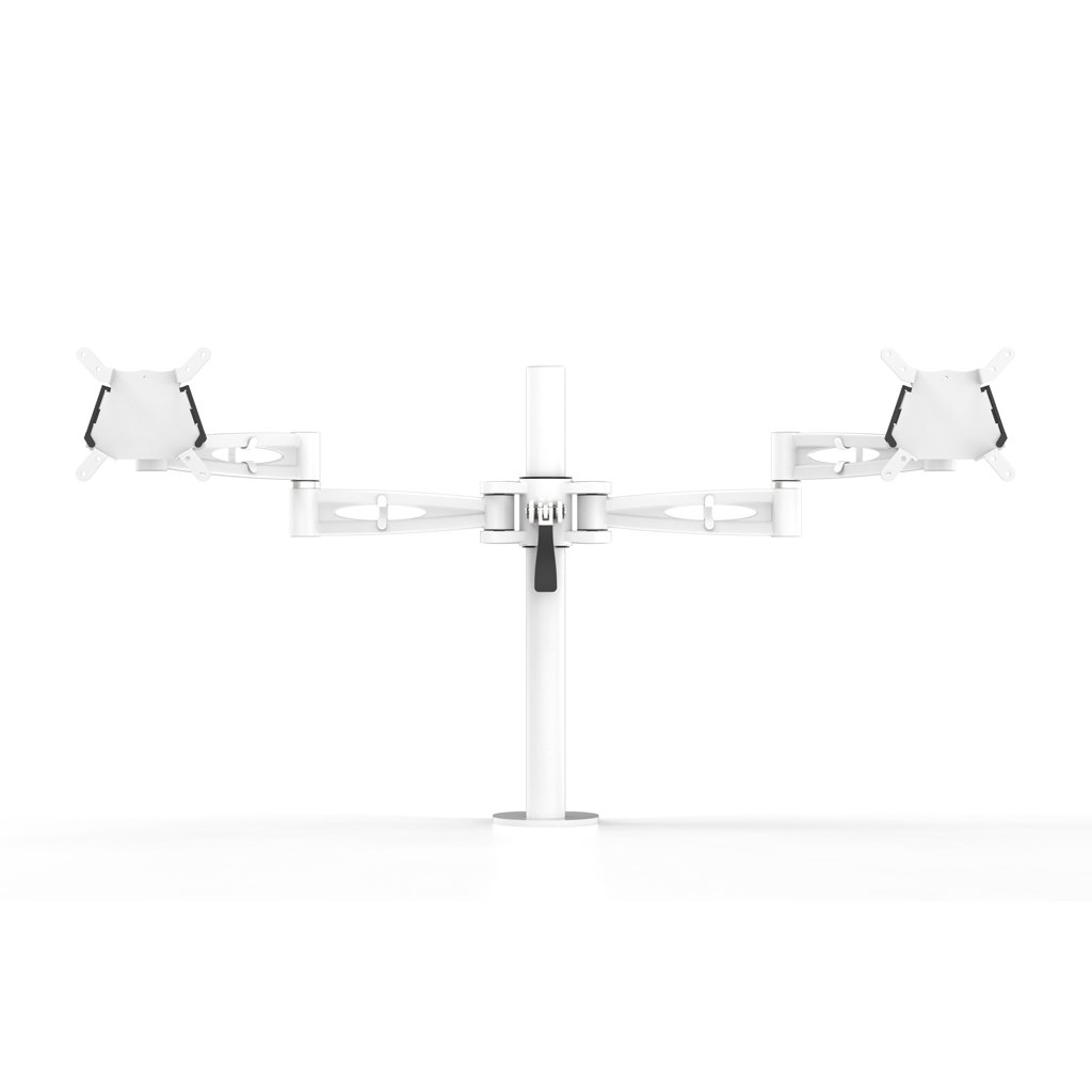 Pole-mounted monitor arm for twin screens height adjustable with quick release in White finish 