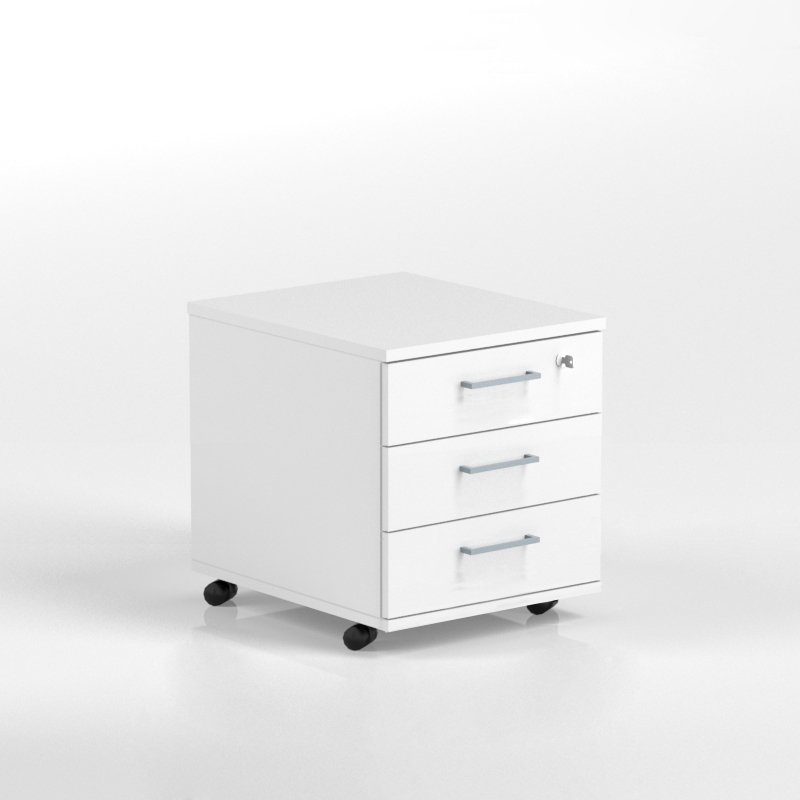 OPTIMA Mobile pedestal 3 stationery foil wrapped drawers  415Wx510Hx500D White finish with Metallic handle 