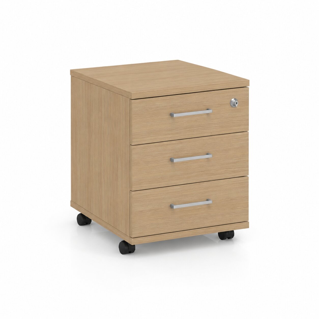 OPTIMA Mobile pedestal 3 stationery foil wrapped drawers  415Wx510Hx500D Amber Oak finish with Metallic handle 