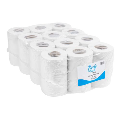 Purely Smile Mini Centrefeed Rolls 1ply 120m White Pack of 12