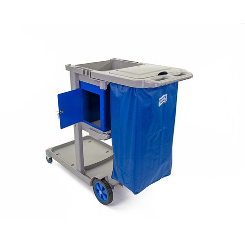 A compact cart made from hardwearing plastic, designed for use in confined areas. It has three levels of shelving for storage and transport of cleaning items, and a built-in hanger for waste bags. Comes complete with a 60 litre vinyl bag. Lockable box to store chemicals safely is sold separately.