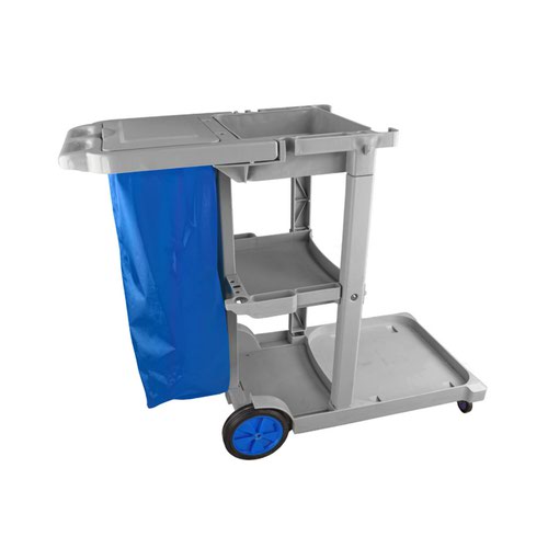A compact cart made from hardwearing plastic, designed for use in confined areas. It has three levels of shelving for storage and transport of cleaning items, and a built-in hanger for waste bags. Comes complete with a 60 litre vinyl bag. Lockable box to store chemicals safely is sold separately.
