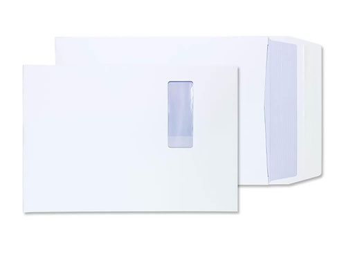 White B4 gusset envelopes with peel and seal strip and expandable sides. These high quality window envelopes are great for mailing  innovative marketing, thick documents, prospectuses and so much more. 