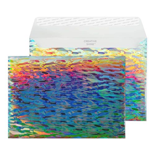This diverse envelope offering consists of a range of glistening shades and effects: from galvanized metals, matt metallics to rainbow holographic these show stopping, attention grabbing envelopes deliver a dazzling effect.