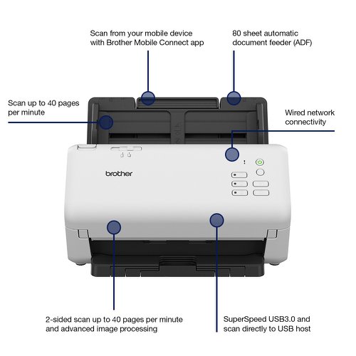 8BRADS4300NZU1 | 2 SIDED SCANNING: Scans single and double sided documents in a single pass, in both colour and black/white at up to 40ppm/80ipm scan speedsSIMPLE AND INTUITIVE: With an in-built ultrasonic multi-feed sensor to eliminate misfeeds, the ADS-4300N also has a large 80 sheet ADF capacityRELIABLE, VOLUME SCANNING: Built for demanding, high-volume workplaces, Brother’s desktop scanners allow busy departments to batch scan and archive a larger number and variety of documents quickly and easily up to 6,000 sheets a day.MIXED MEDIA: Automatically scan different types of documents one after another. A range of documents from business cards to folded A3, with a variety of paper thickness from 40 - 200 gsm can be fed at the same time.INDUSTRY RECOGNISED SOFTWARE: Increase post-scanning productivity with industry recognised software including Kofax and Newsoft, available as standard with device.