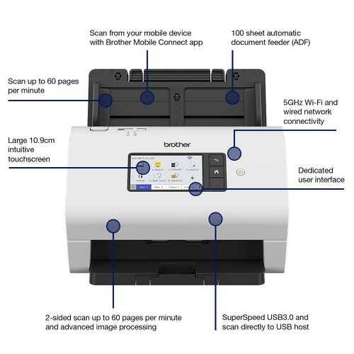 8BRADS4900WZU1 | 2 SIDED SCANNING: Scans single and double sided documents in a single pass, in both colour and black/white at up to 60ppm/120ipm scan speedsINTUITIVE: With an in-built ultrasonic multi-feed to eliminate misfeeds, the ADS-4900W also has a large 100 sheet ADF capacity and is the fastest in the range, scanning up to 60ppm, or one every second.RELIABLE, VOLUME SCANNING: Built for demanding, high-volume workplaces, Brother’s desktop scanners allow busy departments to batch scan and archive a larger number and variety of documents quickly and easily up to 9,000 sheets a day.MIXED MEDIA: Automatically scan different types of documents one after another. A range of documents from business cards to folded A3, with a variety of paper thickness from 25 - 413gsm can be fed at the same time.INDUSTRY RECOGNISED SOFTWARE: Increase post-scanning productivity with industry recognised software including Kofax and Newsoft, available as standard with device.