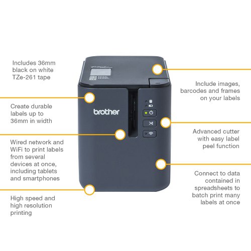 Print customised labels from your computer, tablet or smartphone with the high-speed Brother PTP950NW wireless label printer. Simply connect the printer to your wired network or use the integrated Wi-Fi to batch print labels from several devices at once and connect to data contained in spreadsheets. You can even use your printer on the move with the optional rechargeable battery base. With this advanced labelling machine, you can print barcodes, images and logos onto easy-peel labels up to 36mm.