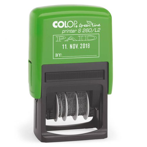 Colop Green Line S260/L2 Self Inking Word and Date Stamp PAID 24x45mm Blue/Red Ink