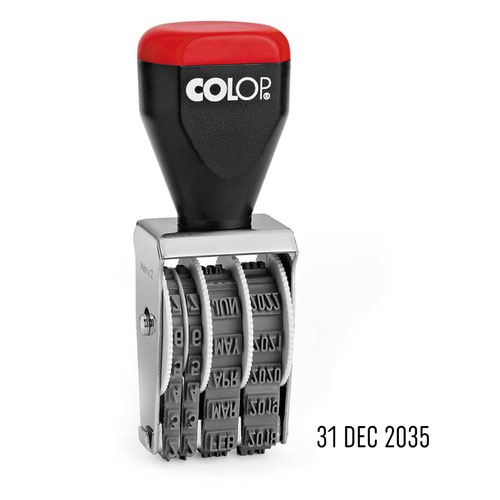 34042CL | What is a COLOP 4mm rubber date stamp?For use with a separate stamp pad, these rubber date stamps are sturdy, reliable, and easy to use.The stamp prints the date in a day/month/year format in 4mm characters.  Each date band is easily adjustable by hand, and the year band lasts for a minimum of 10 years, making them great value for money!