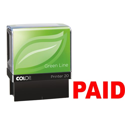 34056CL - Colop Green Line P20 Self Inking Word Stamp PAID 35x12mm Red Ink - 148232