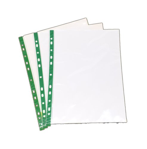Punched Pockets A4 50 m (micron) Glass Clear Green Strip (Pack of 100)