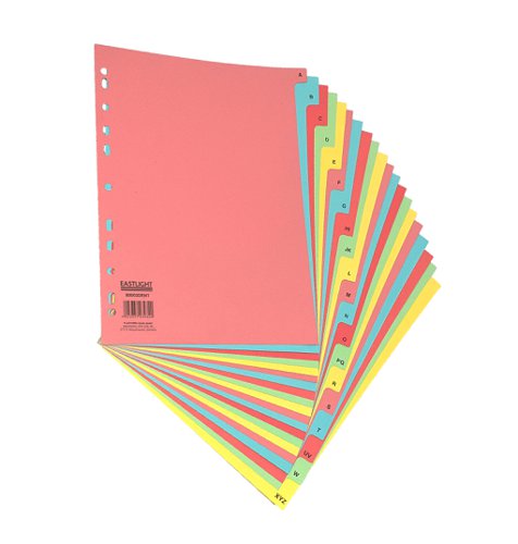 00ST4505 | Neatly file and organise documents with these bright and attractive subject dividers. Each divider is made from sturdy manilla in 5 alternating pastel colours with A-Z printed tabs for a simple alphabetical filing system and multipunched to fit almost any standard A4 ring binder or lever arch file. 