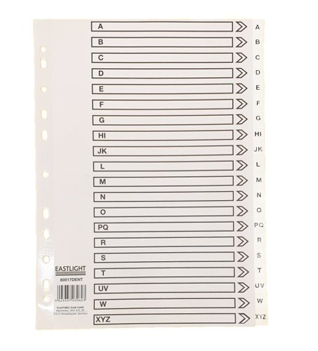 Plastic 20 part A4 dividers alphabetically marked and multipunched to fit most standard A4 lever arch file or ring binder