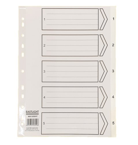 Plastic 5 part A4 dividers numerically marked and multipunched to fit most standard A4 lever arch file or ring binder