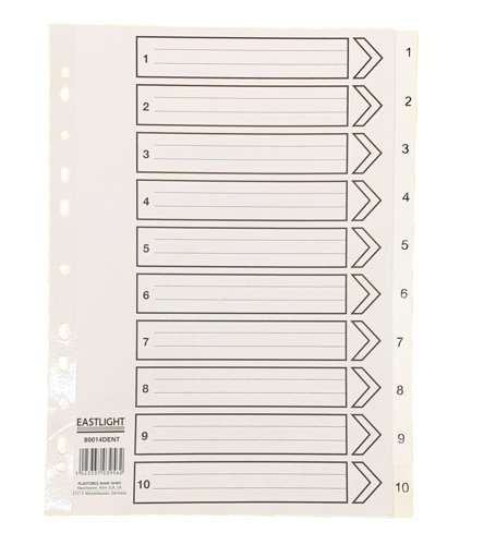 Plastic 10 part A4 dividers numerically marked and multipunched to fit most standard A4 lever arch file or ring binder