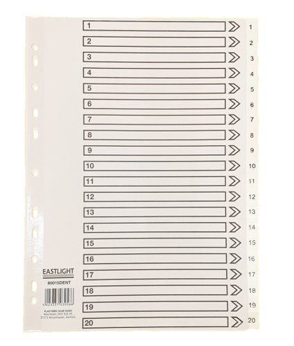 Plastic 20 part A4 dividers numerically marked and multipunched to fit most standard A4 lever arch file or ring binder