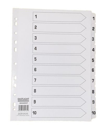 00ST4514 | Filed documents can be clearly indexed with these straightforward subject dividers. Each divider is mylar reinforced and multipunched to fit almost any standard A4 ring binder or lever arch file. The front index card allows the contents to be labelled for quick and simple reference to each white pre-printed tab.