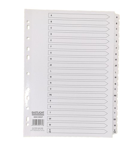00ST4518 | Filed documents can be clearly indexed with these straightforward subject dividers. Each divider is mylar reinforced and multipunched to fit almost any standard A4 ring binder or lever arch file. The front index card allows the contents to be labelled for quick and simple reference to each white pre-printed tab.