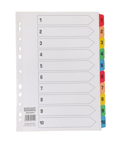 1-10 Index A4 White Mylar reinforced Multi-punched strip with Multi-Colored Numbered Tabs