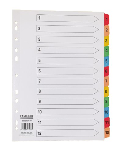 1-12 Index A4 White Mylar reinforced Multi-punched strip with Multi-Colored Numbered Tabs Printed File Dividers 00ST4521