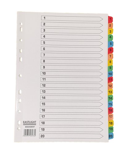 1-20 Index A4 White Mylar reinforced Multi-punched strip with Multi-Colored Numbered Tabs