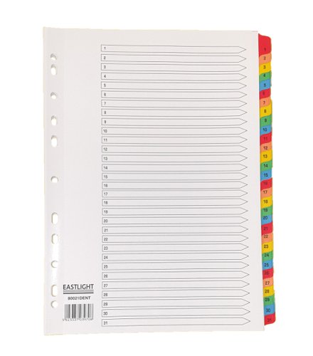 1-31 Index A4 White Mylar reinforced Multi-punched strip with Multi-Colored Numbered Tabs Printed File Dividers 00ST4523