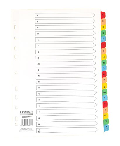 A-Z Index A4 White Mylar reinforced Multi-punched strip with Multi-Colored Lettered Tabs Printed File Dividers 00ST4524