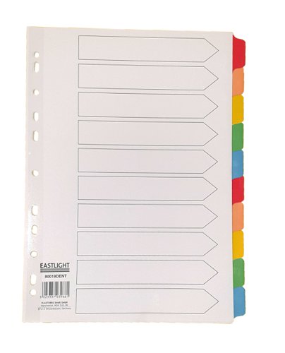 A4 Index Dividers 10-Part White Card Mylar reinforced Multi-punched strip with Blank Multi-Colored Tabs
