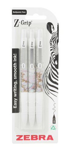 Z-GRIP Smooth Glam Black Ink Ballpoint Pens White Marble Pack of 3