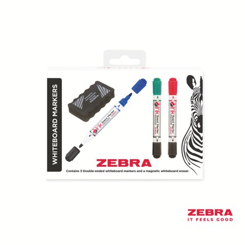 Zebra Whiteboard Marker Bullet Double Ended Pack of 3 with 1 Eraser Drywipe Markers 2719
