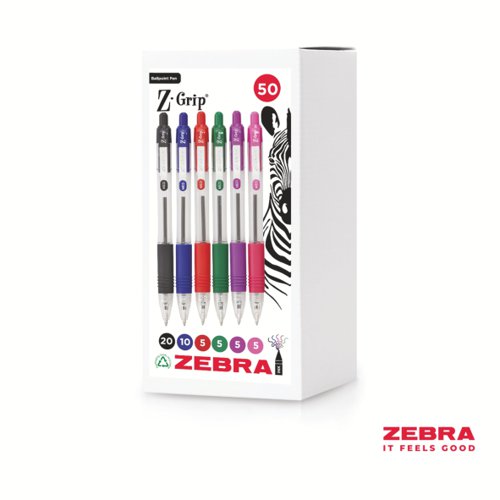 Zebra Z-Grip Retractable Ballpoint Pen Assorted Ink Pack of 50