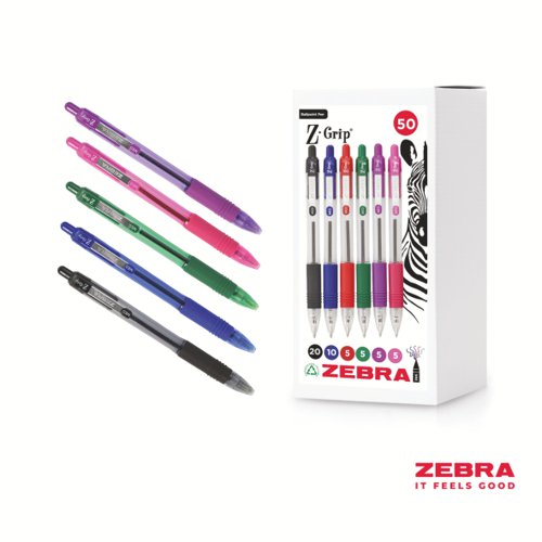 Zebra Z-Grip Retractable Ballpoint Pen Assorted Ink Pack of 50 Ballpoint & Rollerball Pens 2758