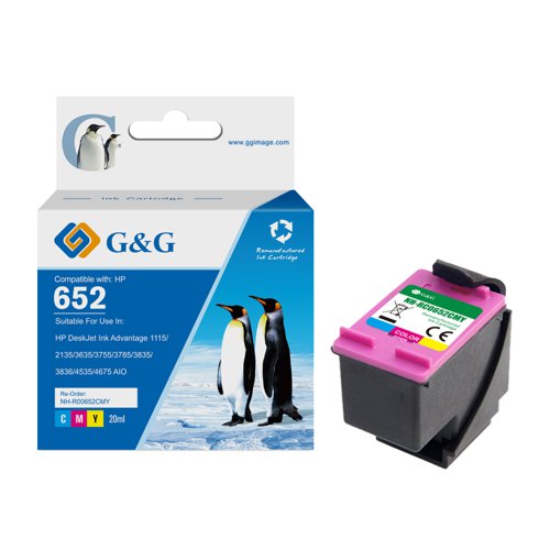 Remanufactured HP G+G 652 Tri-Colour Ink Cartridge F6V24AE - Higher yield than OEM