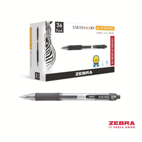 Zebra SARASA Gel Retractable Rollerball 0.7mm Pen Black Ink Pack 36