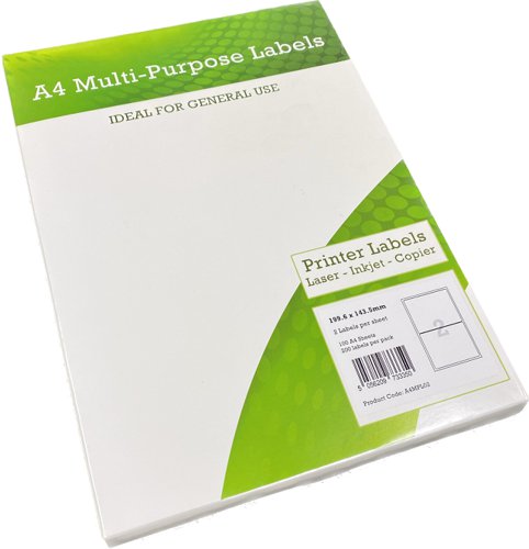 Alpa-Cartridge A4 Multipurpose Labels 2 Per Sheet 199.6 x 143.5mm (White) Pk of 100 