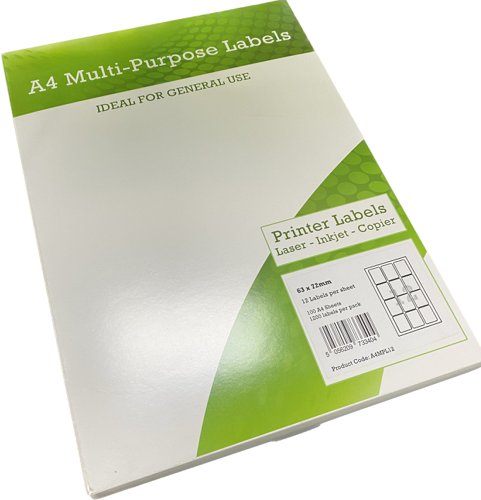 Alpa-Cartridge A4 Multipurpose Labels 12 Per Sheet 72 x 63.5mm (White) Pk of 100