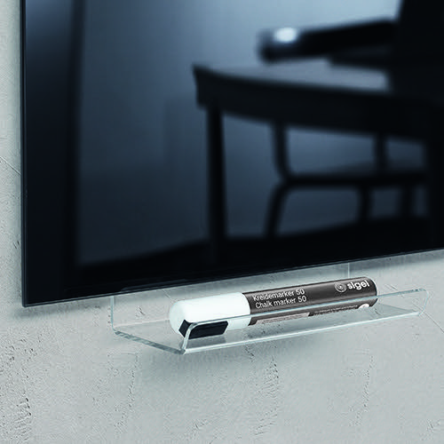 PENTRAYACR17 | The 17 cm pen tray is made of clear acrylic and has a wide surface for storage. It can be invisibly attached to the back of the Artverum Magnetic Glass Boards with adhesive strips.
