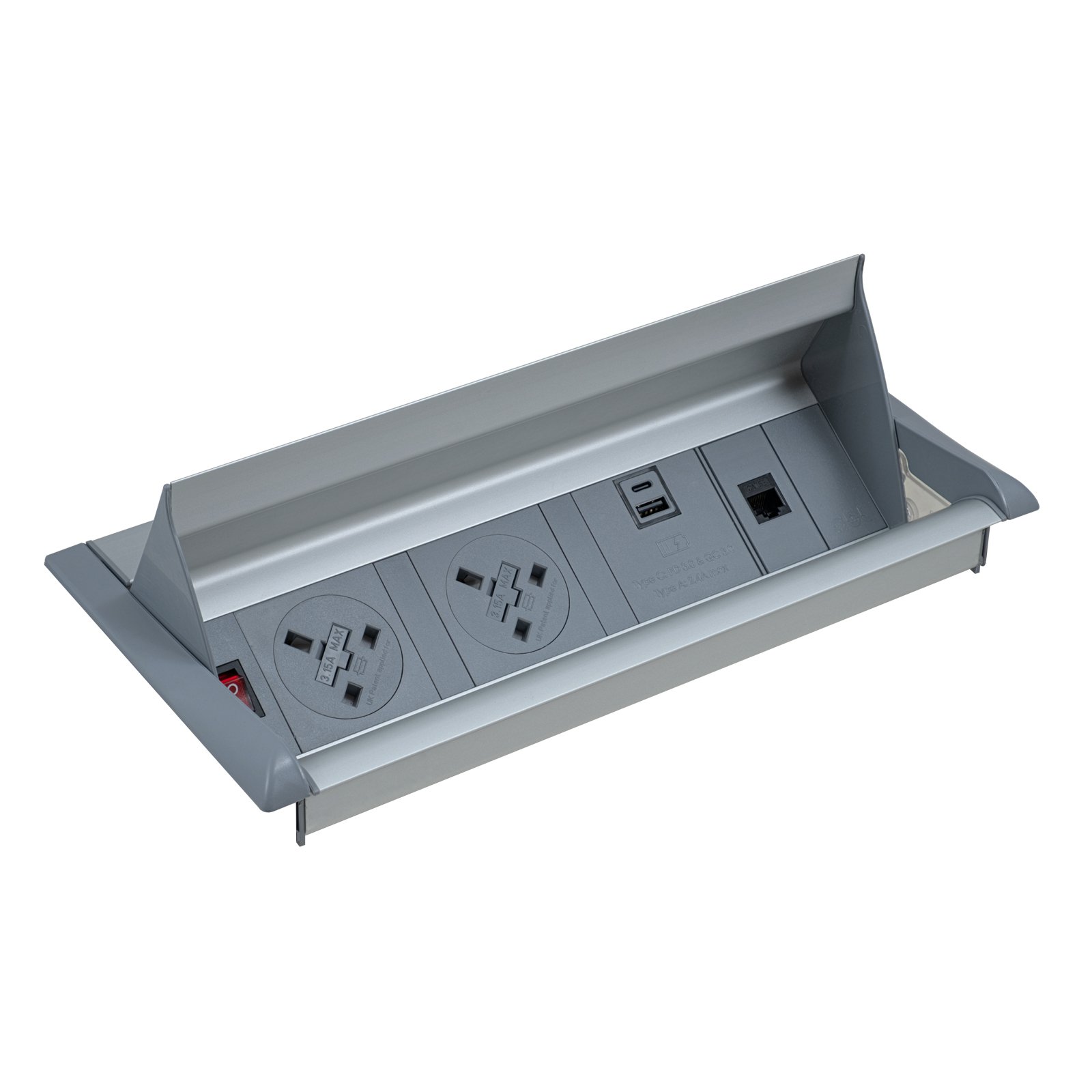 Aero flip top in-table power module x UK sockets, 1 x RJ45 socket, 1 x twin USB fast charge - grey/silver