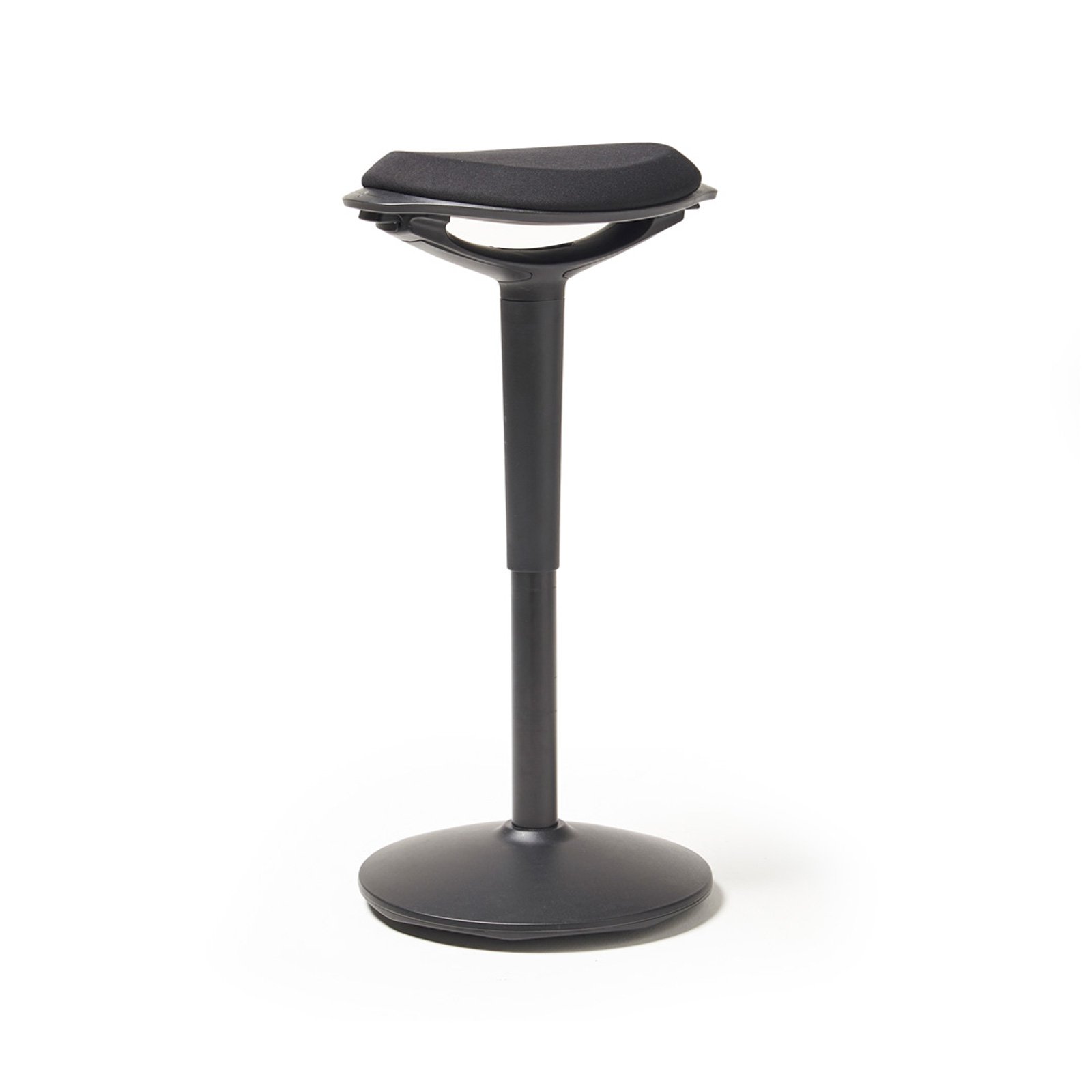 Ava is a height adjustable stool with black fabric seat