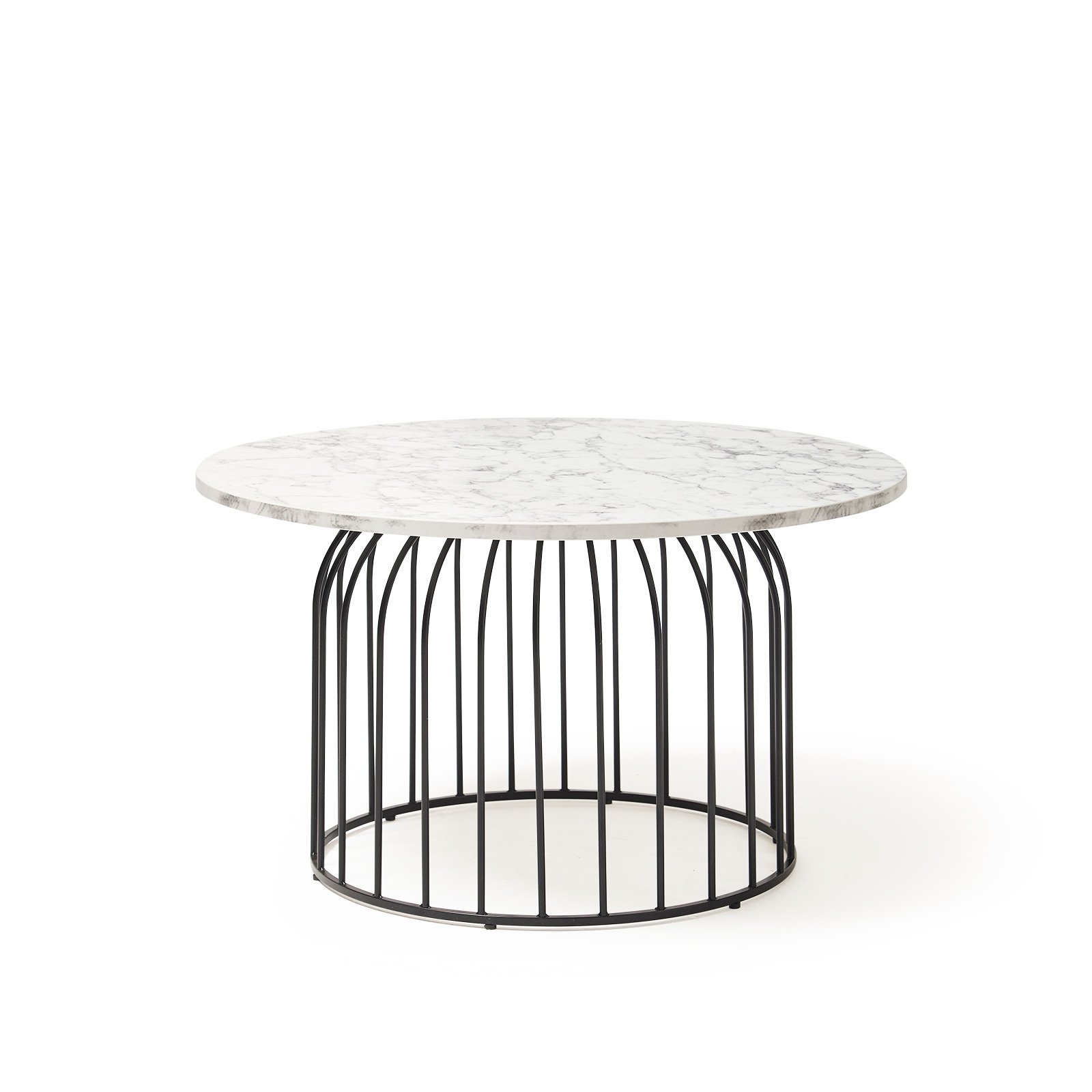 Este circular coffee table with black wire frame and Carrara marble effect top