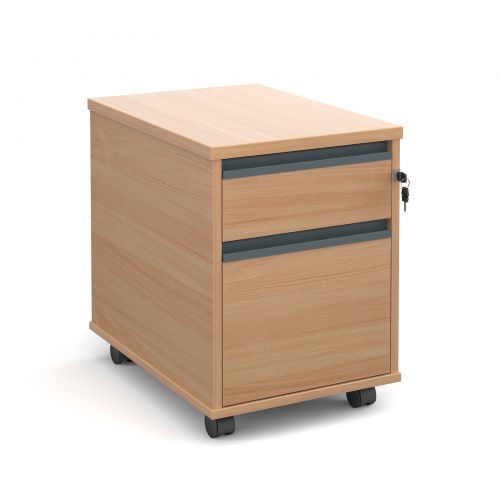 Mobile 2 drawer pedestal with graphite finger pull handles 600mm deep - beech