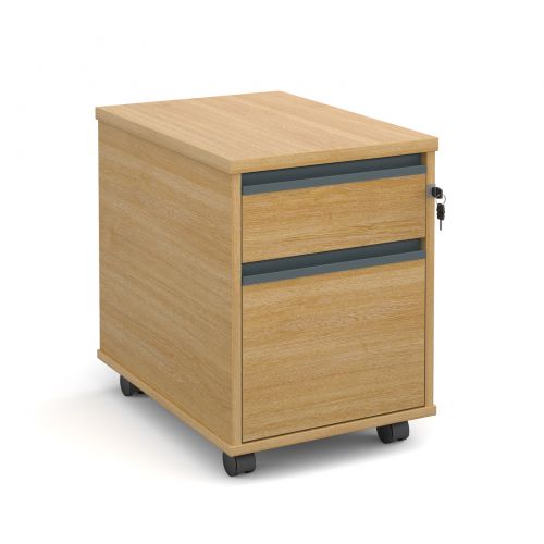 Mobile 2 drawer pedestal with graphite finger pull handles 600mm deep - oak