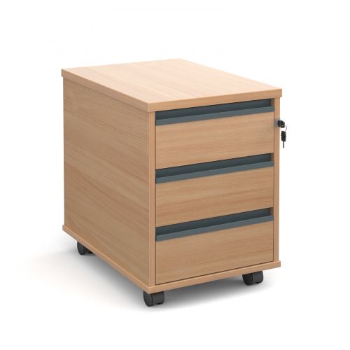 Mobile 3 drawer pedestal with graphite finger pull handles 600mm deep - beech