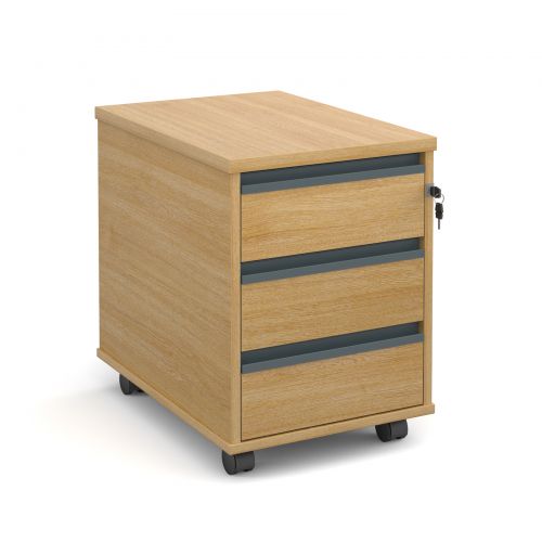 Mobile 3 drawer pedestal with graphite finger pull handles 600mm deep - oak