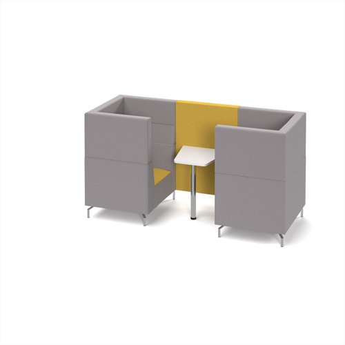 Alban Pod 2 person meeting booth with white table - lifetime yellow seat and back with forecast grey sofa body